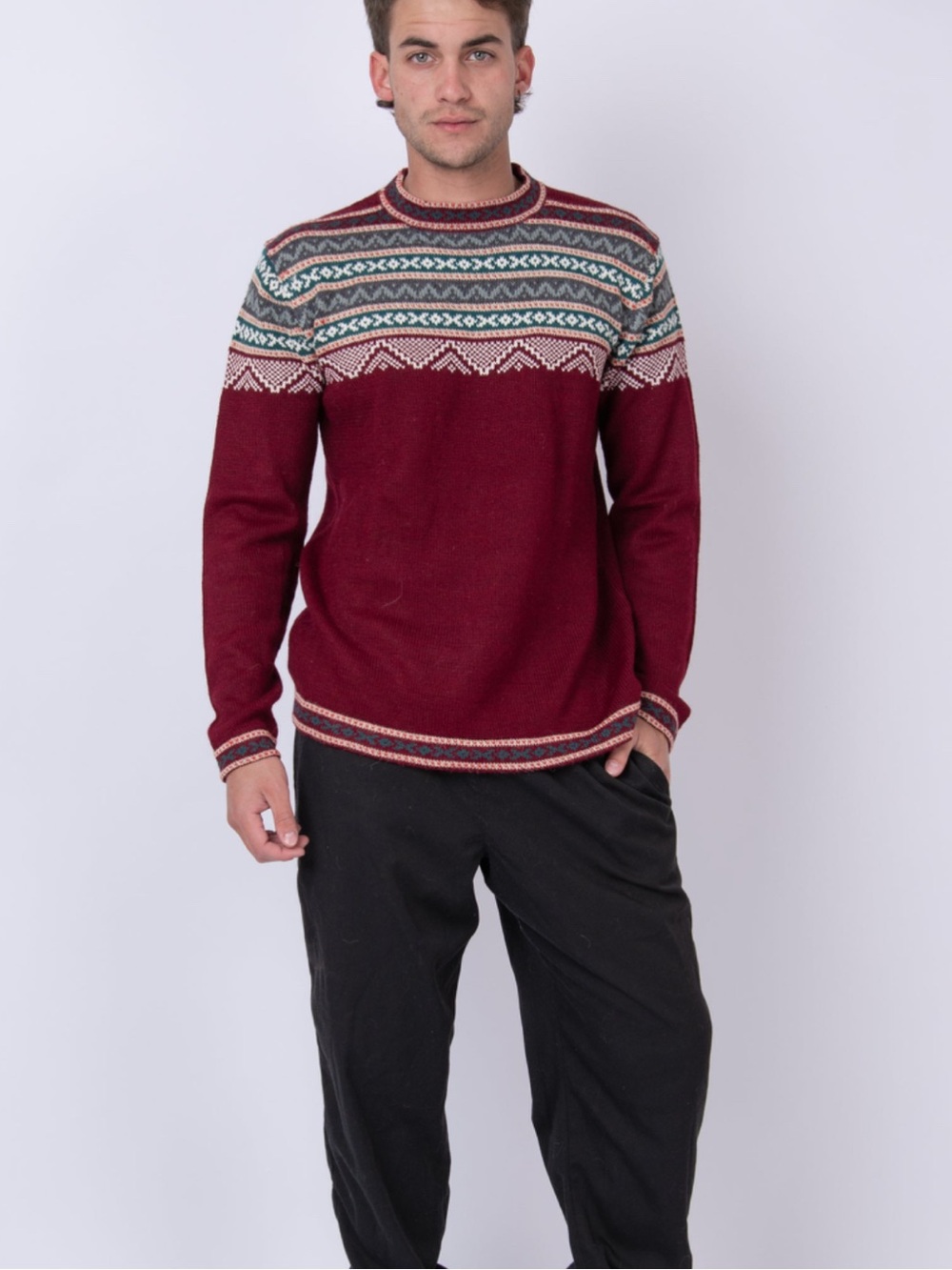 KURI Alpaca Burgundy Nordic-style geometric pattern Men's Sweater M
Fair Isle